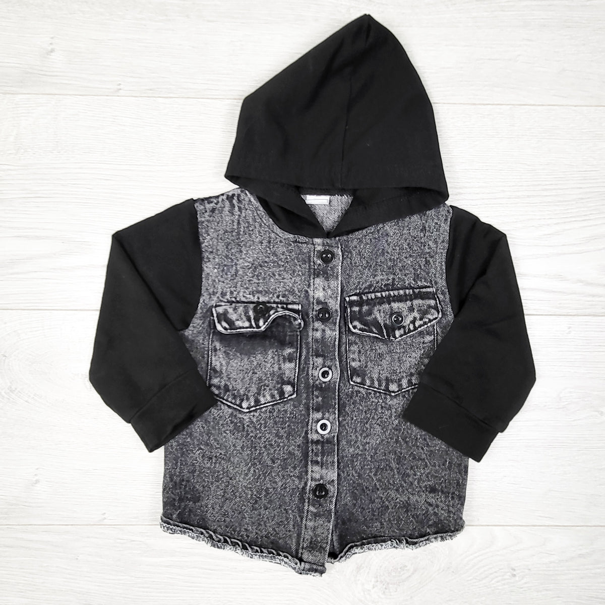 Black hooded denim button down shirt. Size 9-12 months