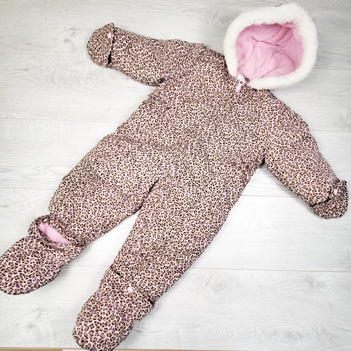Carters pink leopard print fleece lined snowsuit. Size 18 months