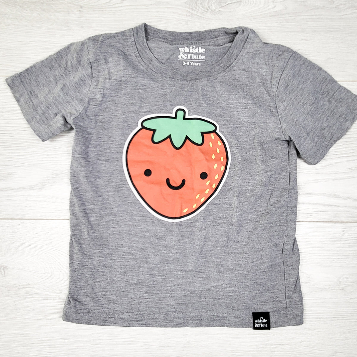 Whistle and Flute grey strawberry t-shirt. Size 3/4T