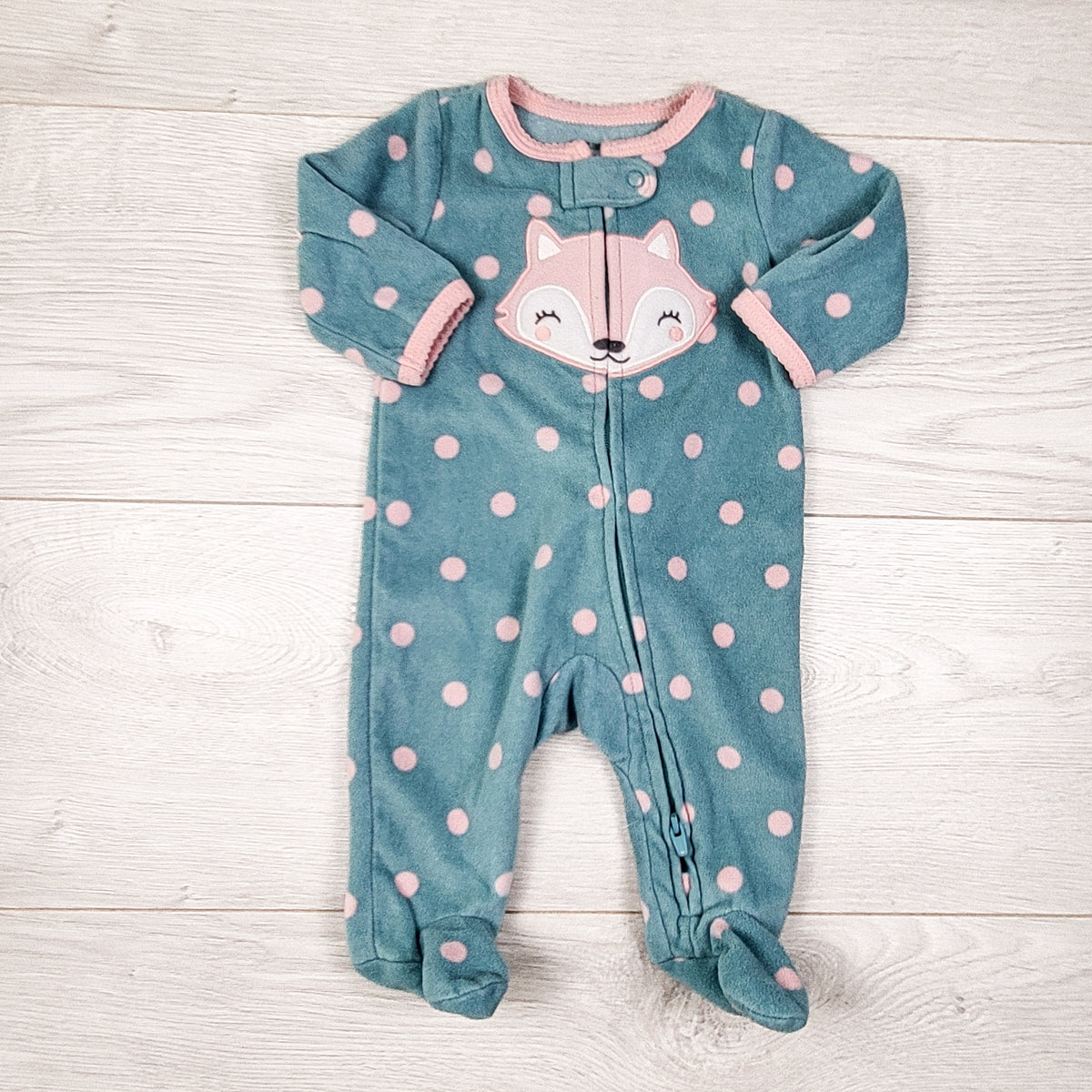Carters teal polka dot fleece sleeper with fox. Newborn size