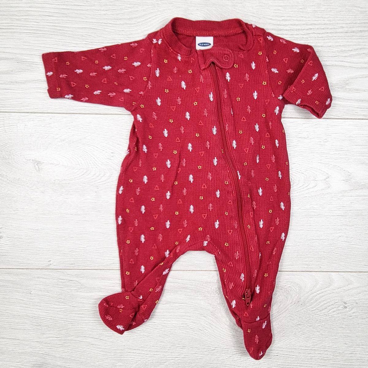 Old Navy pinky-red waffle knit sleeper with trees. Newborn size