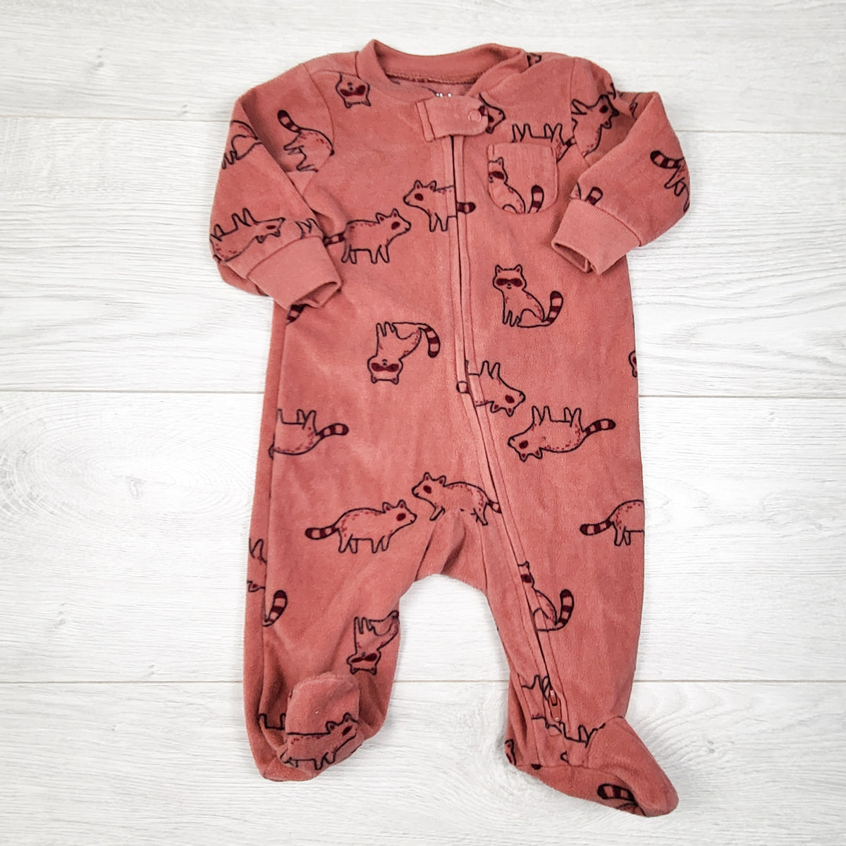 Child of Mine dusty pink zippered fleece sleeper with racoons. Size 0-3 months