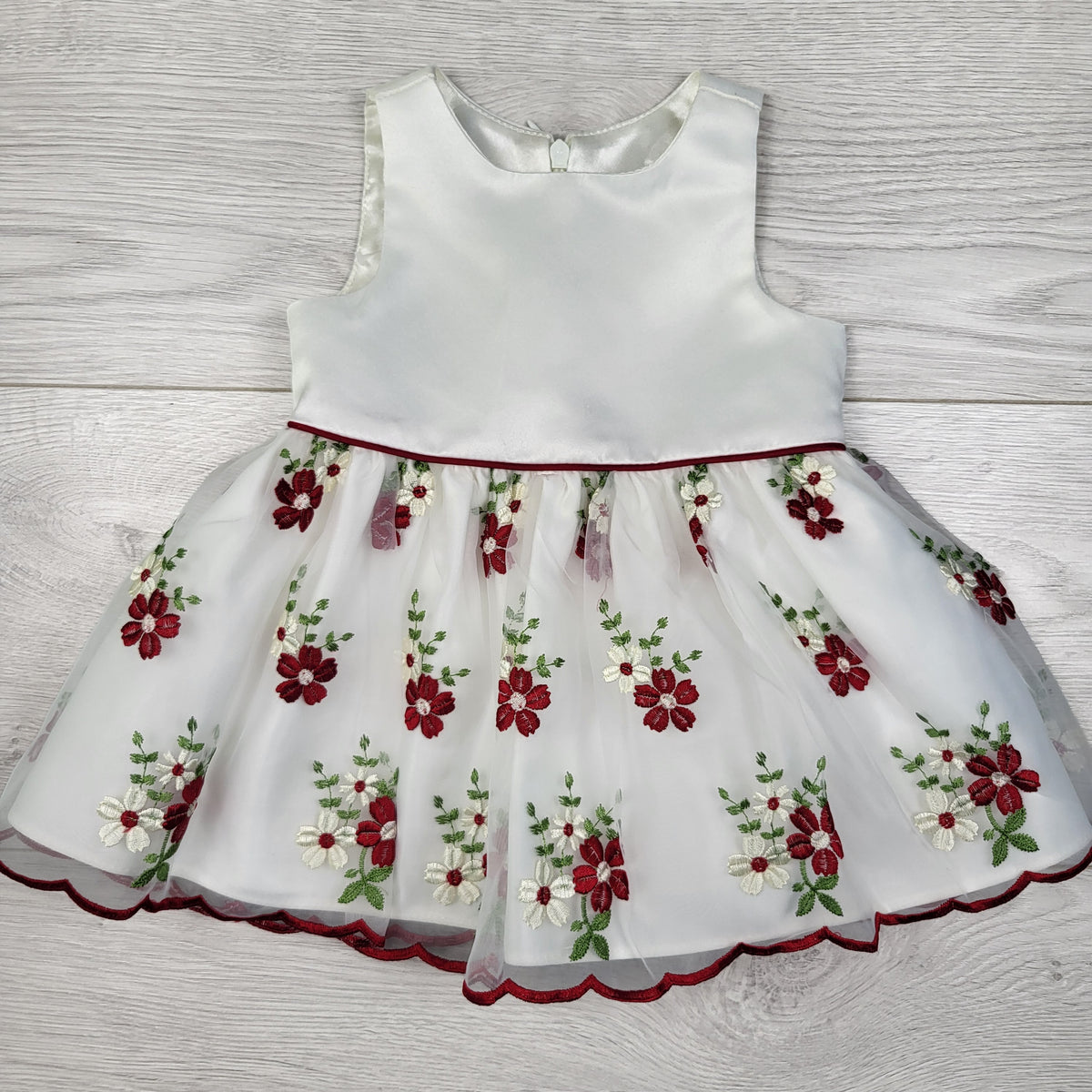 American Princess white and red special occasion dress with embroidered flowers. Size 6 months