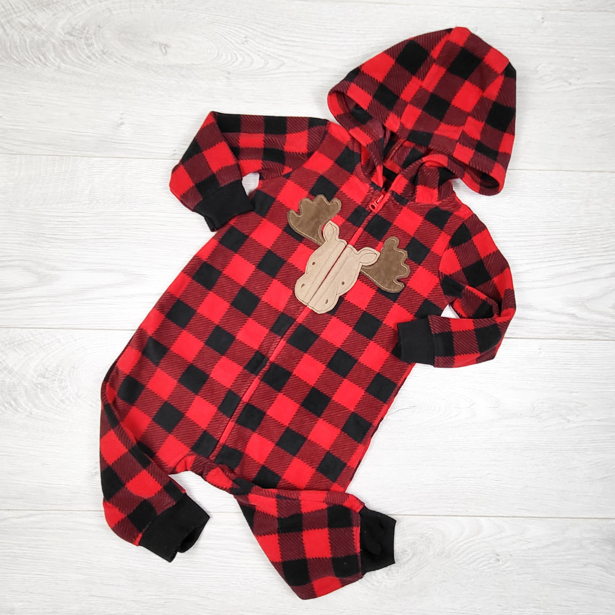 Child of Mine red buffalo plaid hooded fleece romper with moose. Size 6-9 months
