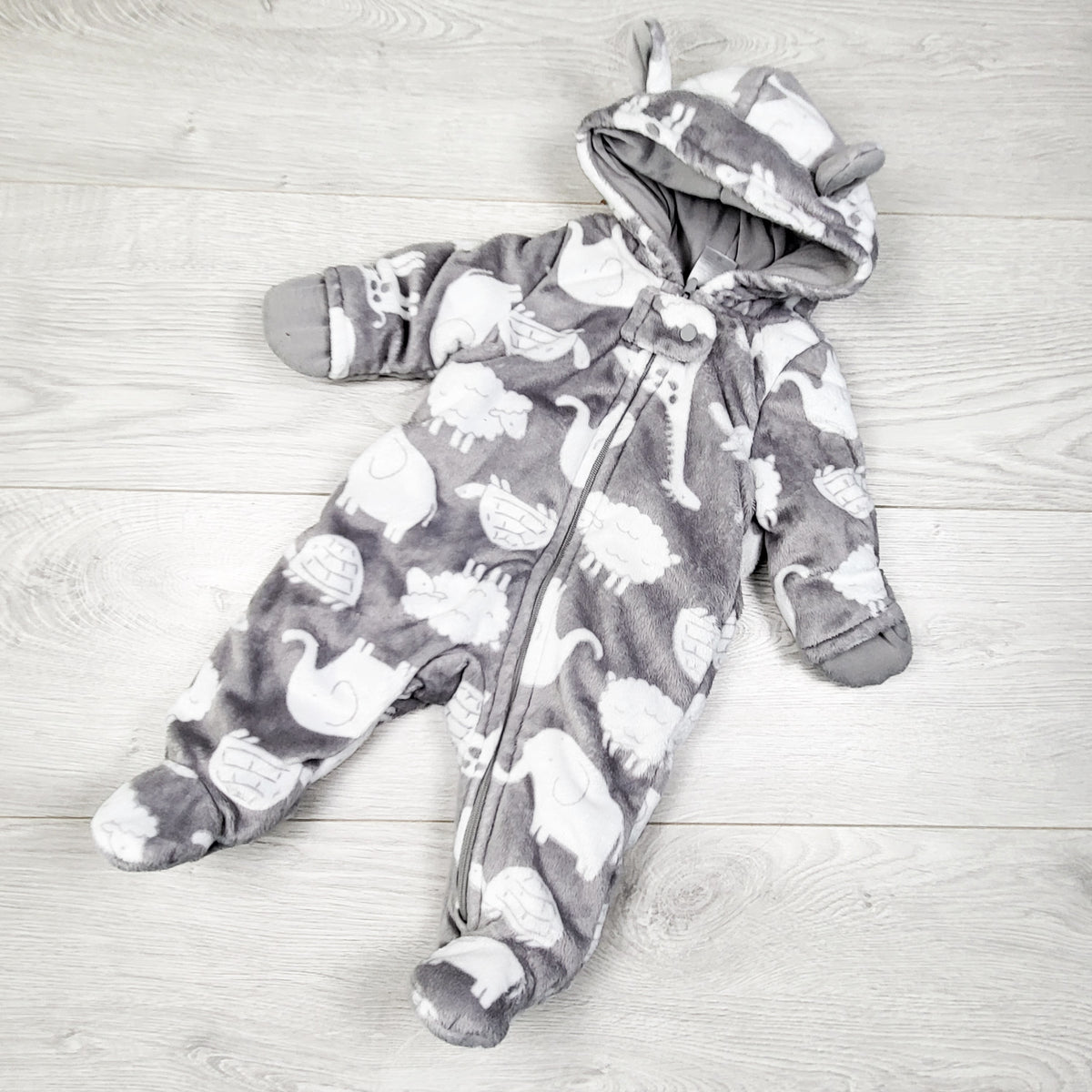 Simple Joys grey minky animal print hooded bunting / pram suit. Newborn size