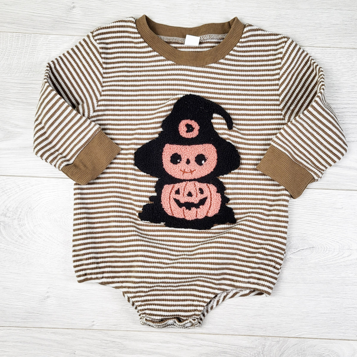 Tan striped rib knit bubble romper with chenille witch. Size 12-18 months