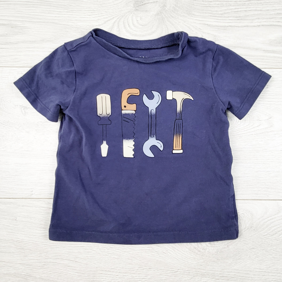 Pekkle blue t-shirt with tools. Size 12 months