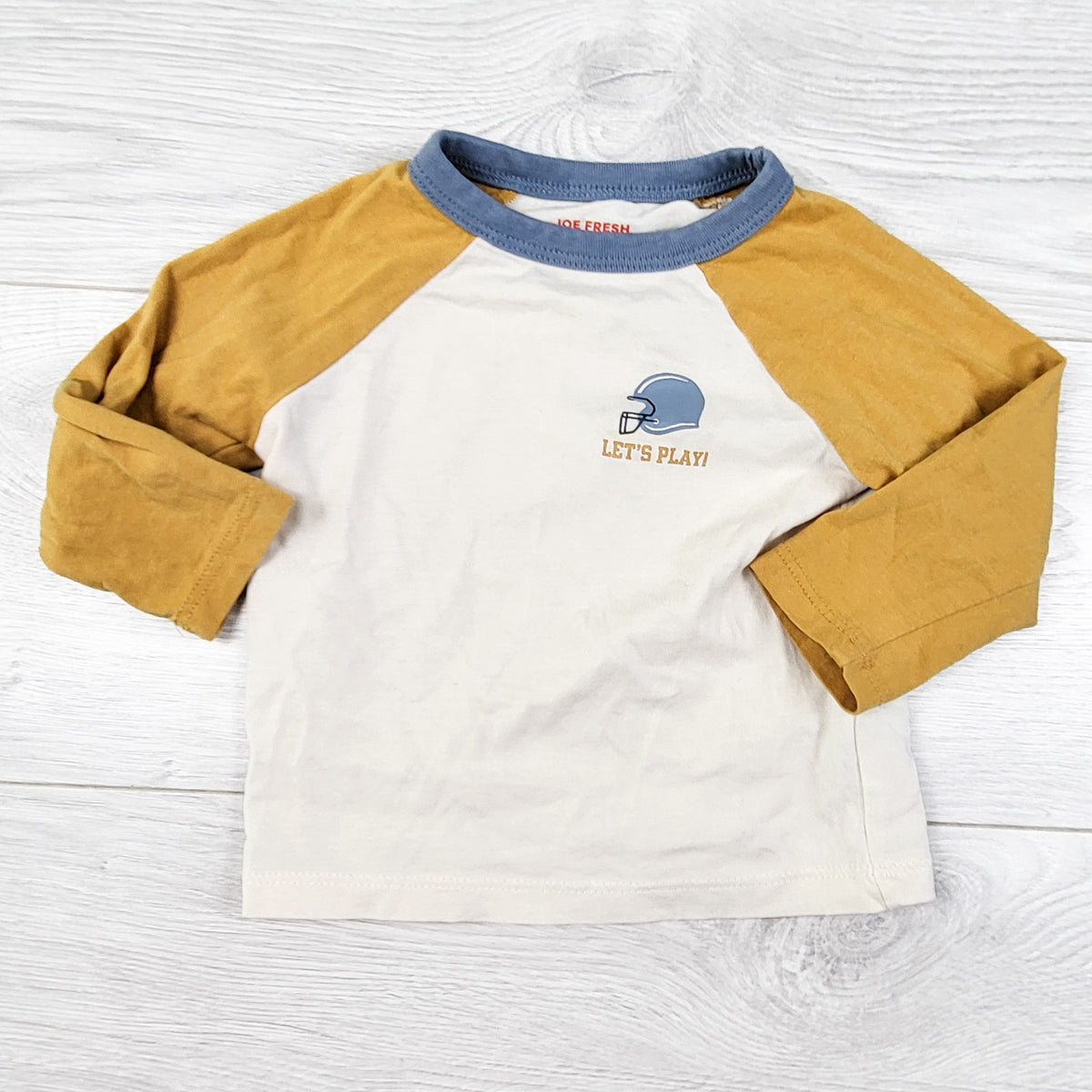Joe yellow and cream coloured raglan style top. Size 6-12 months