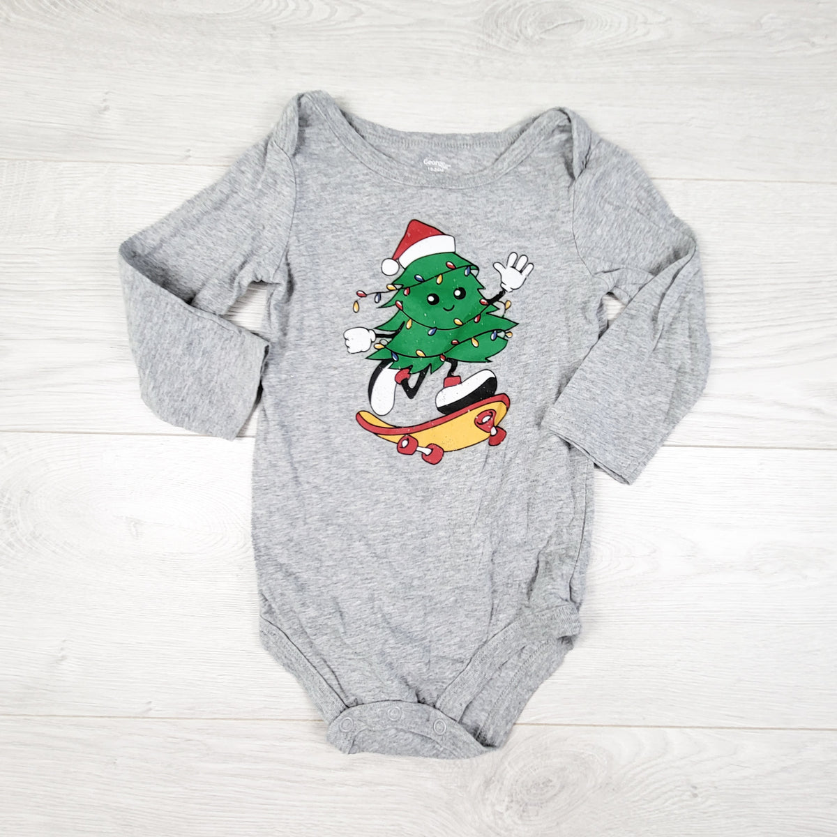 George grey bodysuit with skateboarding Christmas tree. Size 18-24 months
