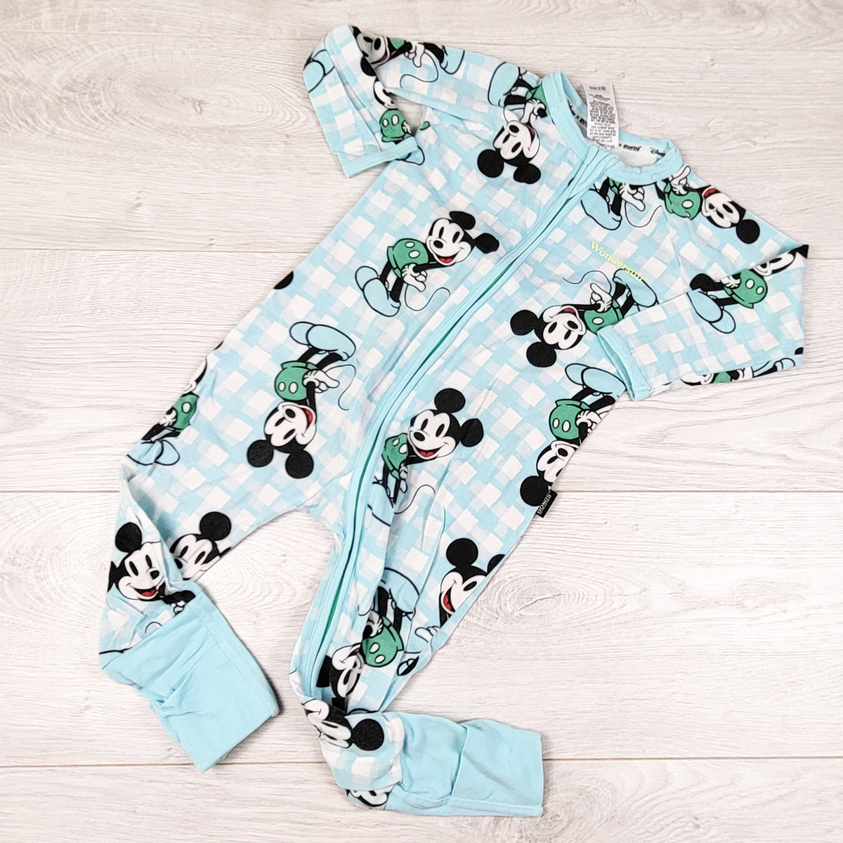 Bonds x Disney blue checkered Mickey Mouse zippered wondersuit sleeper. Size 12-18 months