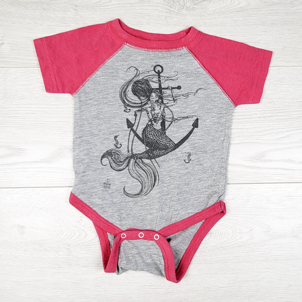 Pina Styles pink and grey raglan style bodysuit with mermaid. Size 6 months