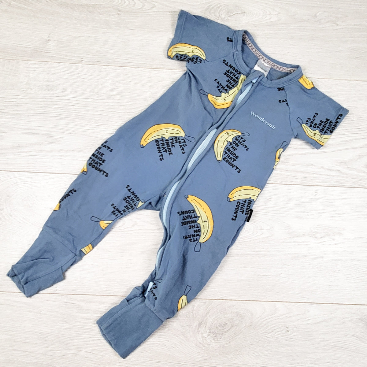 Bonds blue zippered wondersuit sleeper with bananas. Size 3-6 months