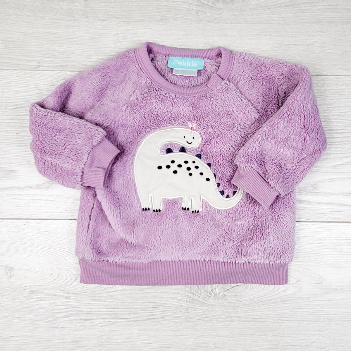 Pekkle purple faux fur dinosaur sweatshirt. Size 6 months