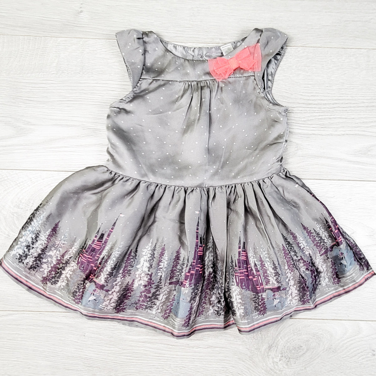 Cherokee silver satin dress with winter castle scene. Size 12 months
