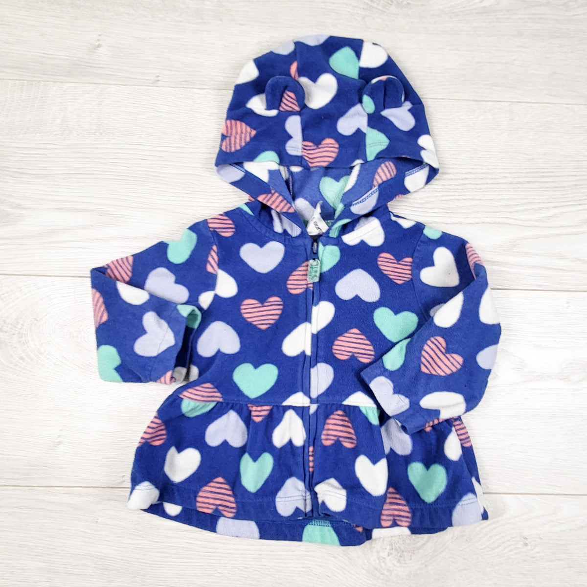 Carters blue heart print zip up fleece hoodie. Size 9 months