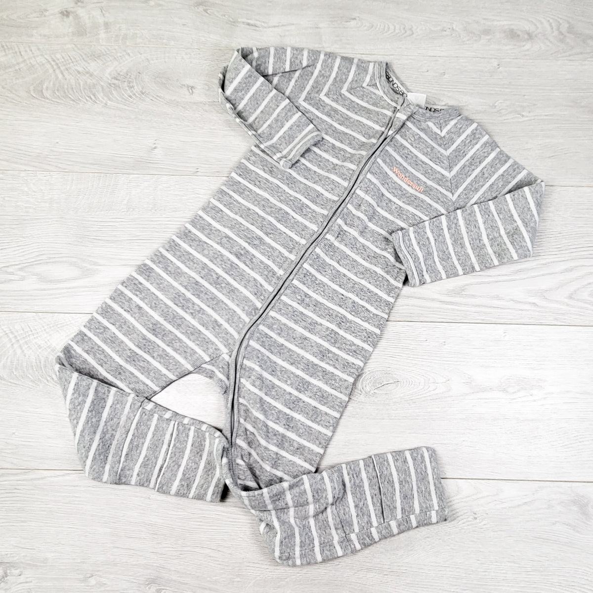 Bonds grey striped rib knit zippered wondersuit sleeper. Size 3T
