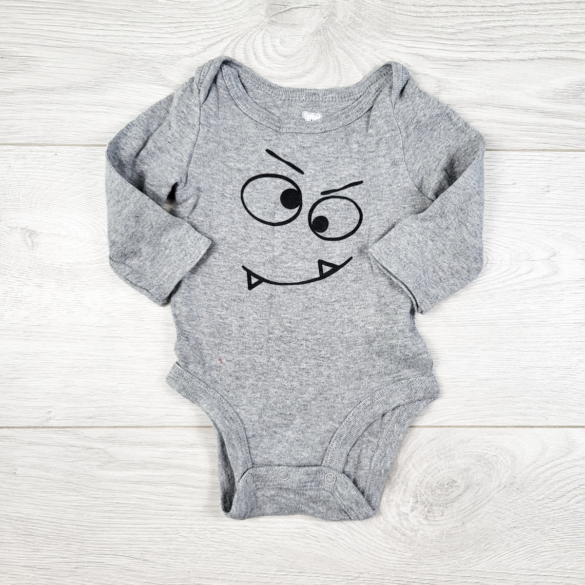 Koala Baby grey bodysuit with monster face. Size 0-3 months