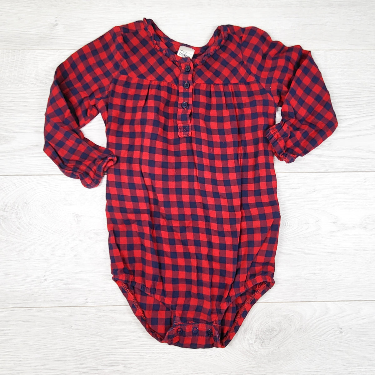 Oshkosh navy and red plaid button down bodysuit. Size 18-24 months