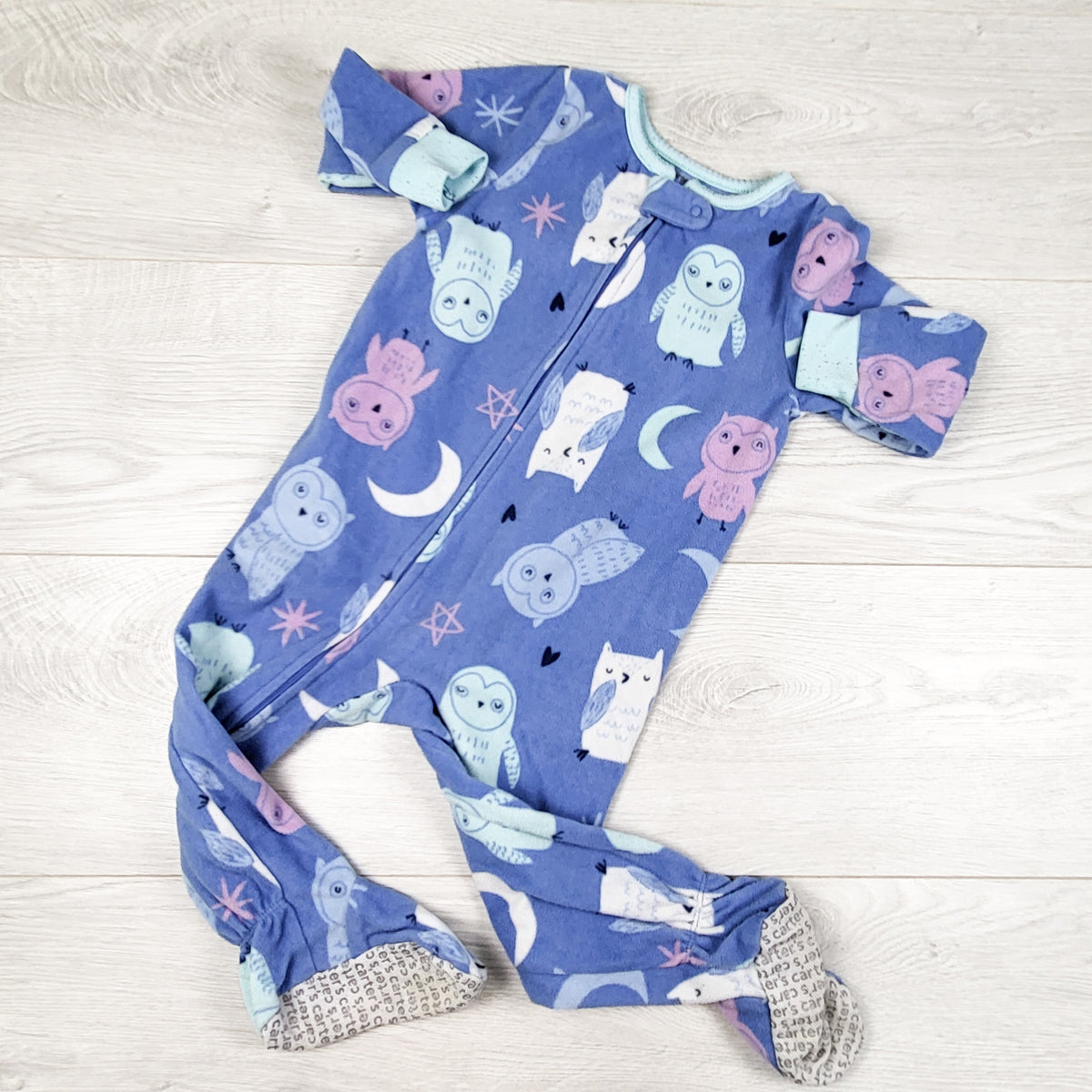Carters blue zippered fleece sleeper with owls. Size 18 months