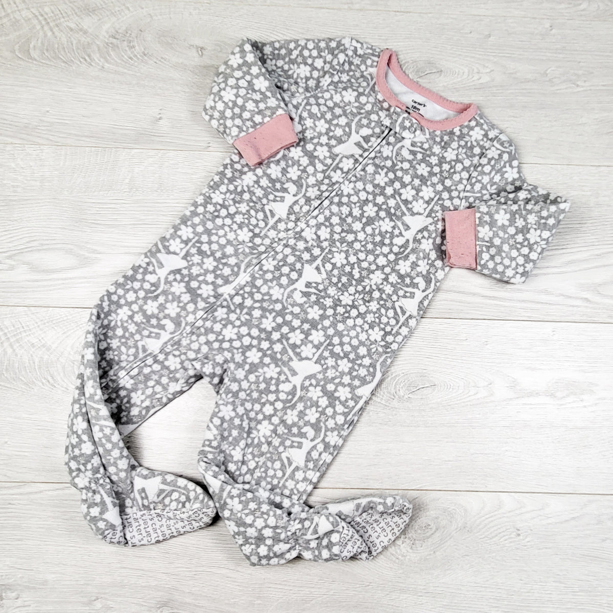 Carters grey floral print fleece sleeper with sparkles and dancers. Size 18 months