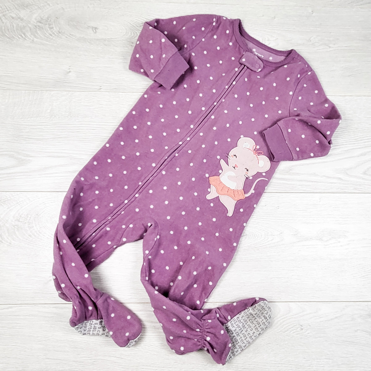 Carters purple polka dot zippered fleece sleeper with ballerina mouse. Size 18 months