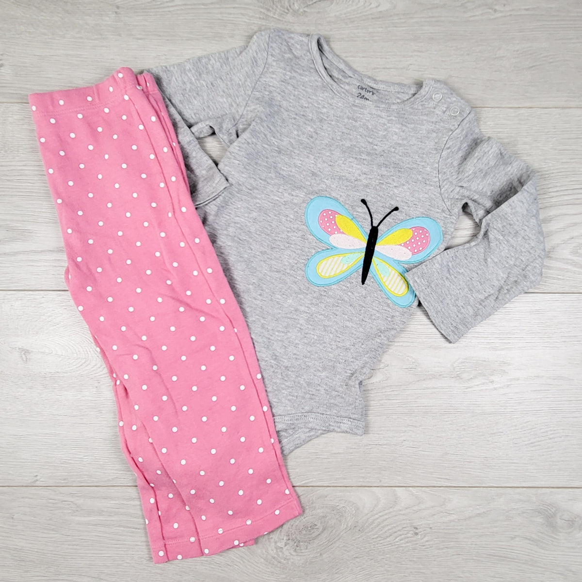Carters grey and pink 2pc bodysuit set with butterfly. Size 24 months