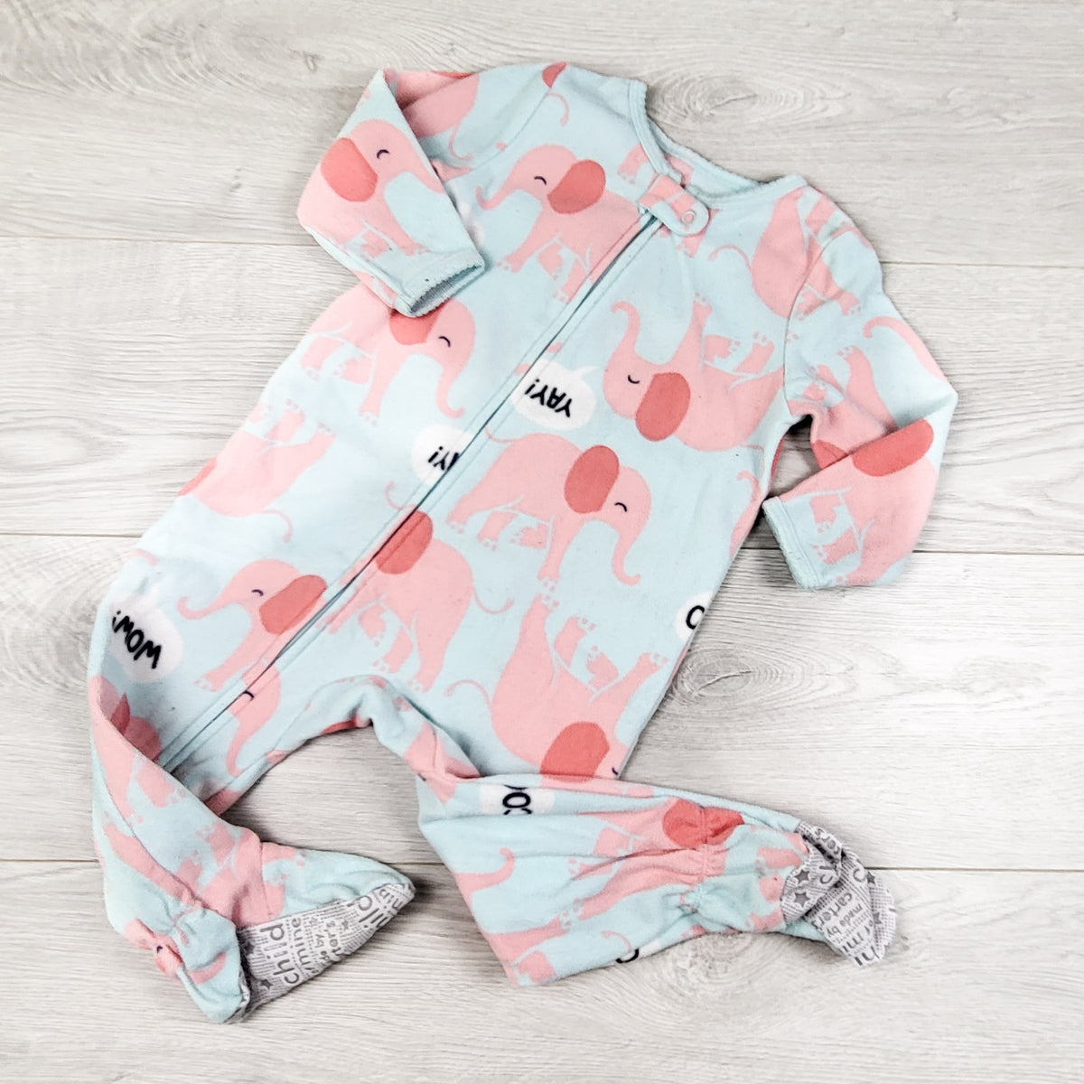 Child of Mine blue and pink zippered fleece sleeper with elephants. Size 18 months