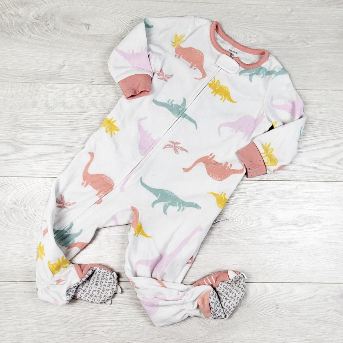 Carters white zippered fleece sleeper with dinosaurs. Size 18 months