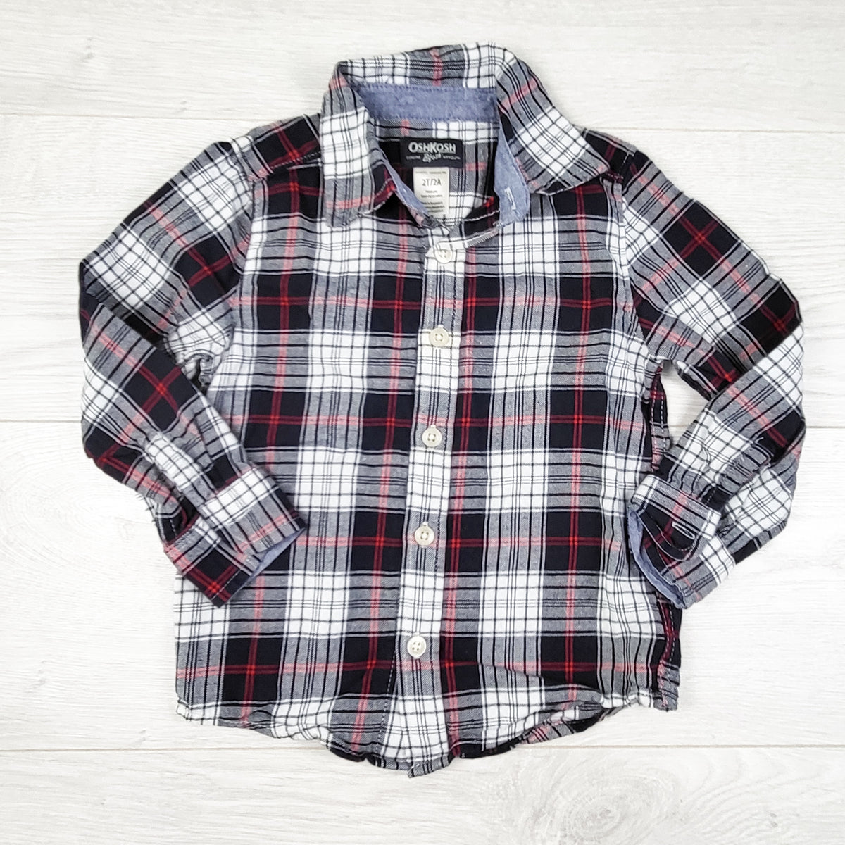 Oshkosh navy plaid button down shirt. Size 2T