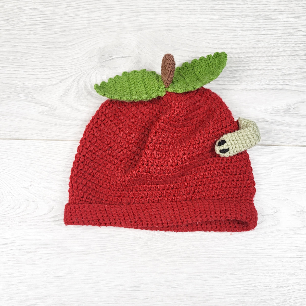 Seattle Hats Hand-Crocheted "Worm in the Apple" Beanie. Approx 0-6 months