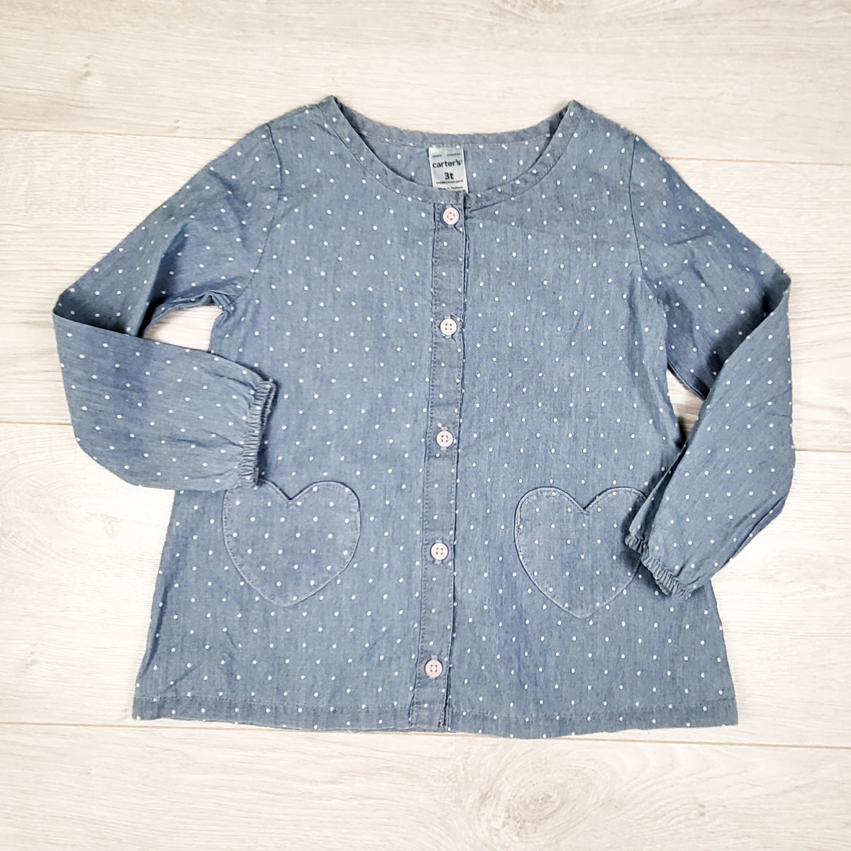 Carters chambray polka dot dress with heart pockets. Size 3T