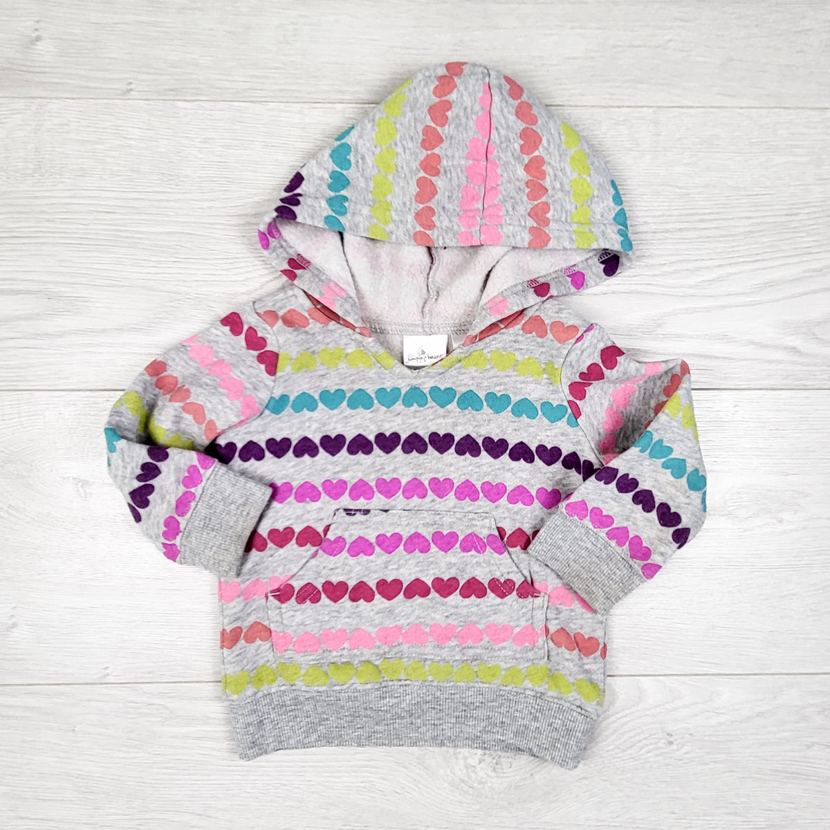 Jumping Beans grey fleece lined pullover heart print hoodie. Size 6 months