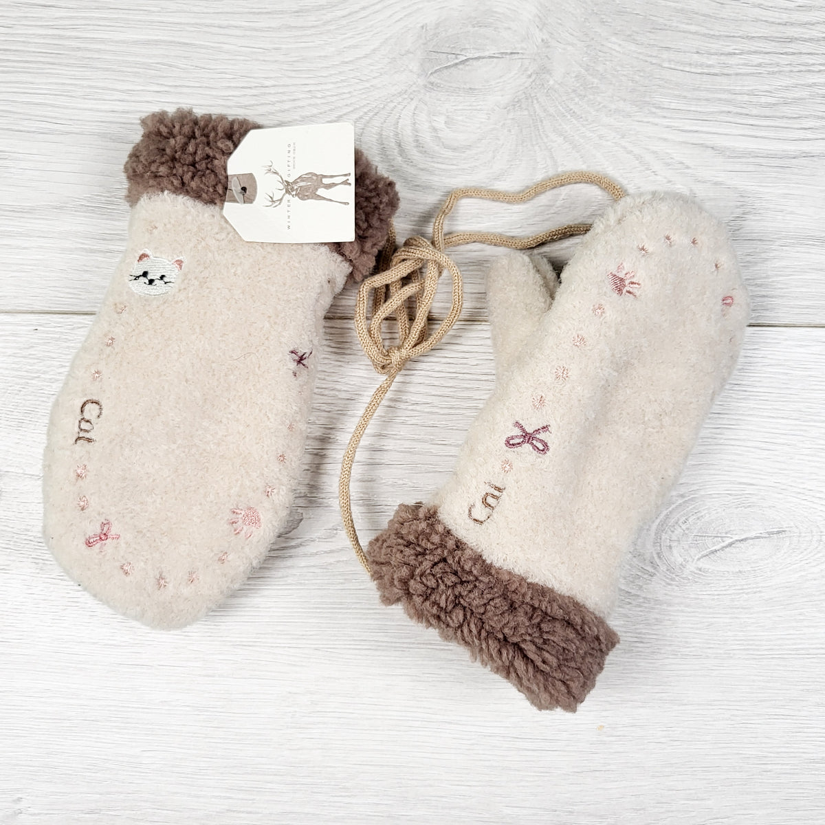 NEW - Winter Deer wool mittens on a string. Size 2-4T