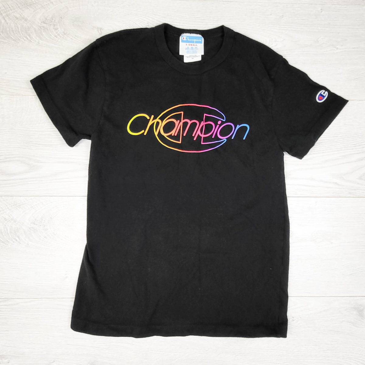 Champion black retro look t-shirt. ADULT XS