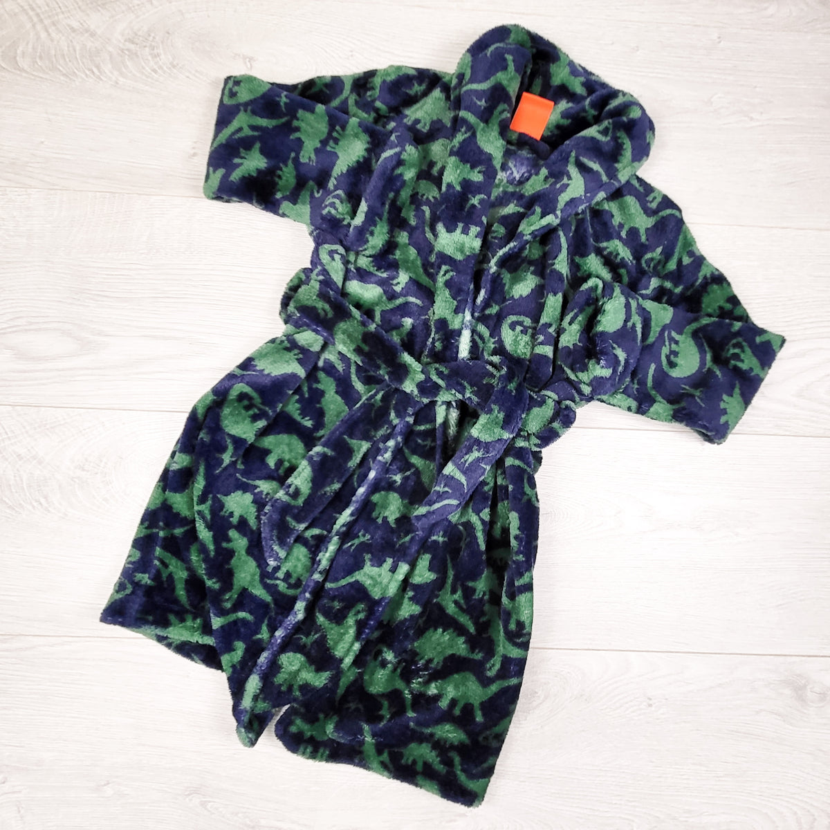 Joe navy and green plush dinosaur print robe. Size 4T