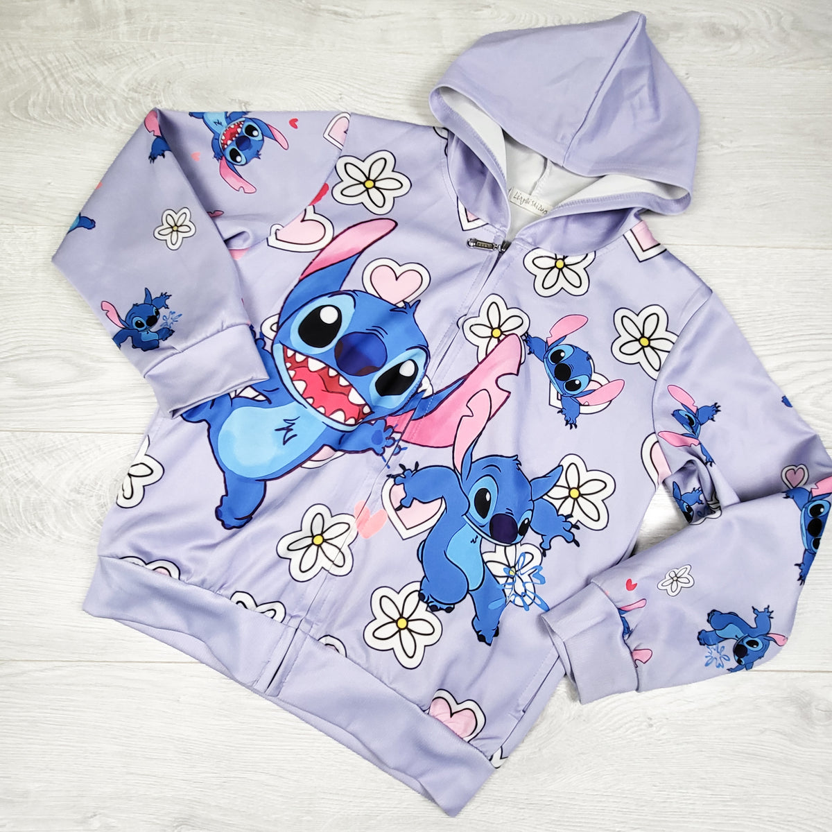 Lilo and Stitch purple zip up hoodie with flowers. Size 10/12 years
