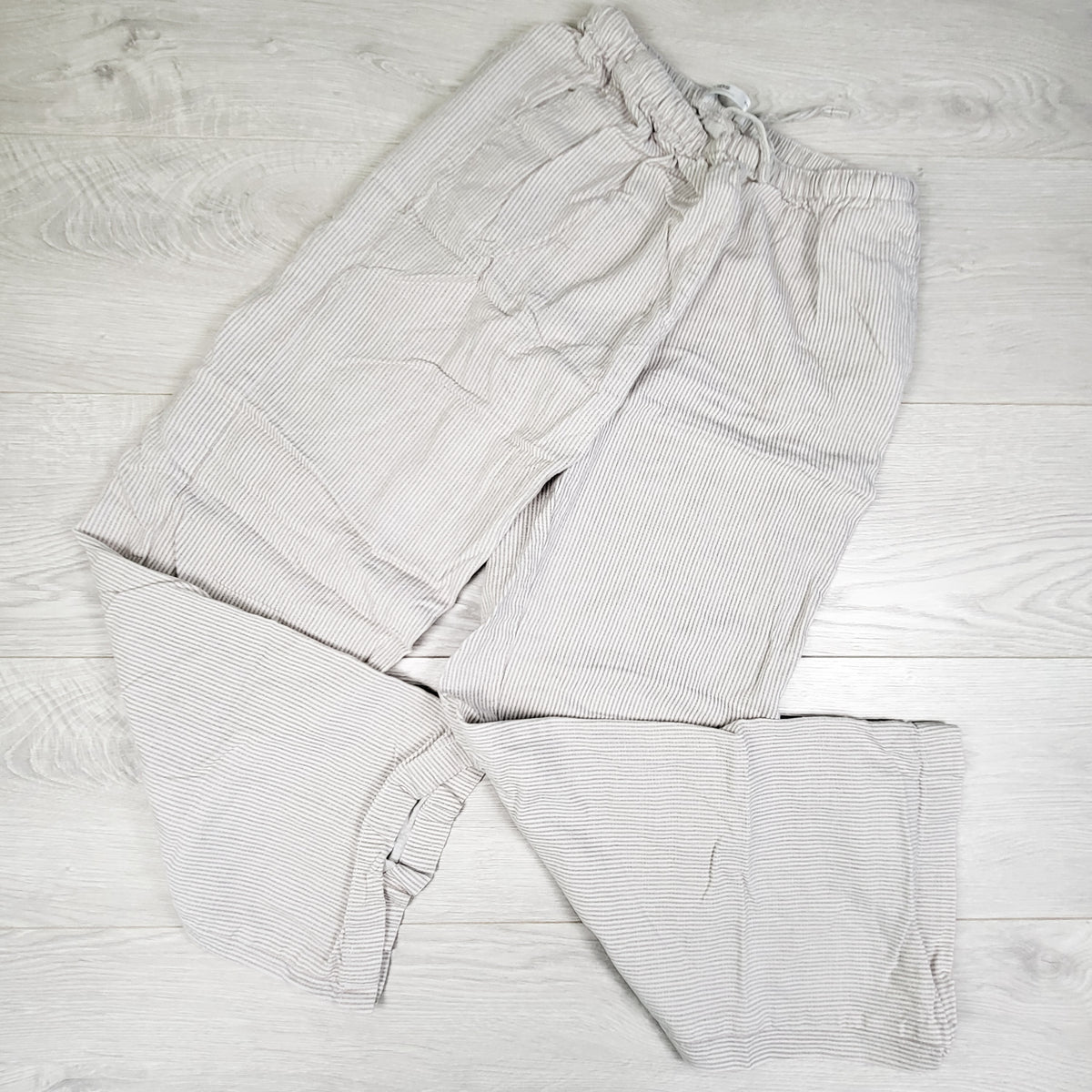 UKids grey and white striped rayon and linen blend pants. Size 14