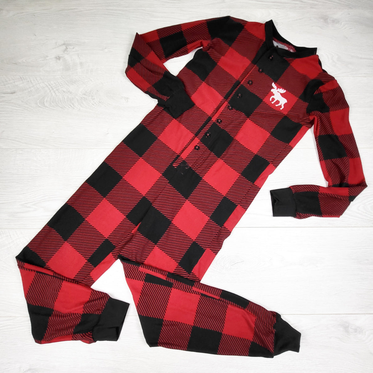 Fammy Jammies red buffalo plaid sleeper with moose. Size 7/8