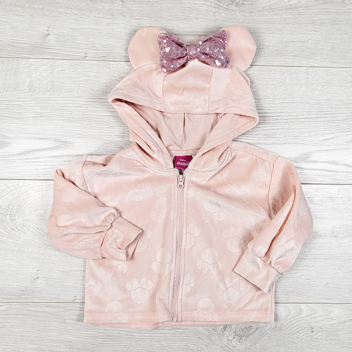 Pink Minnie Mouse hooded velour hoodie. Size 18 months