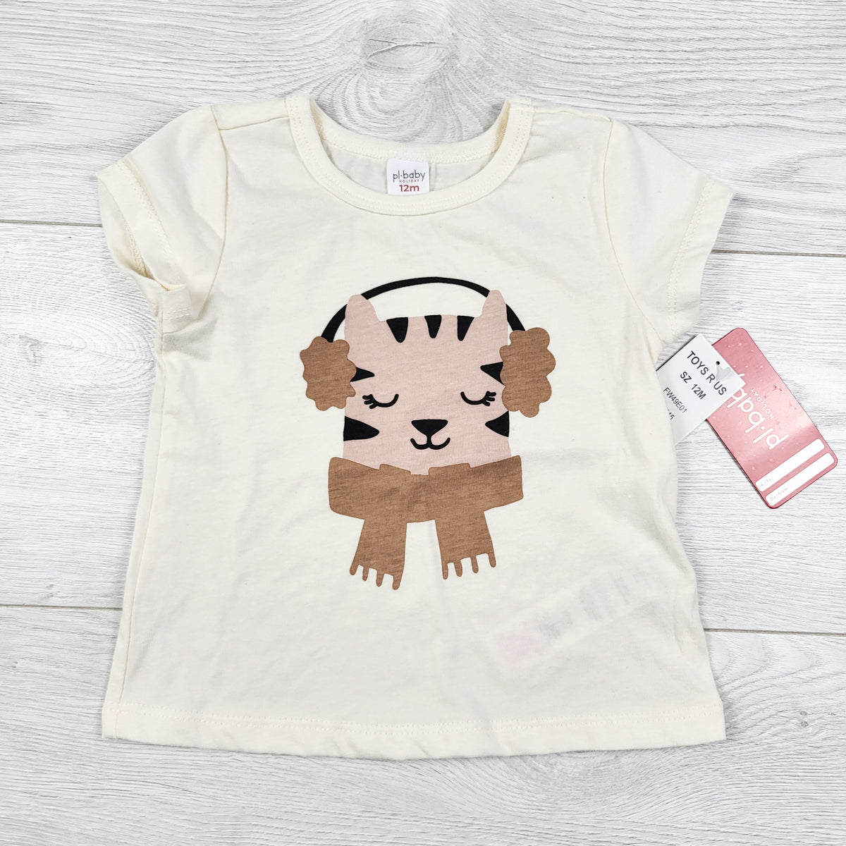 NEW - PL Baby cream coloured t-shirt with cat. Size 12 months