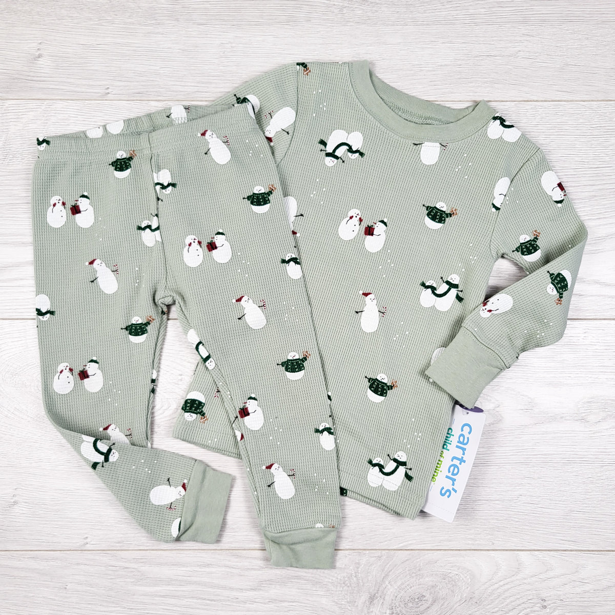 NEW - Child of Mine green 2pc waffle print PJs with snowmen. Size 12 months