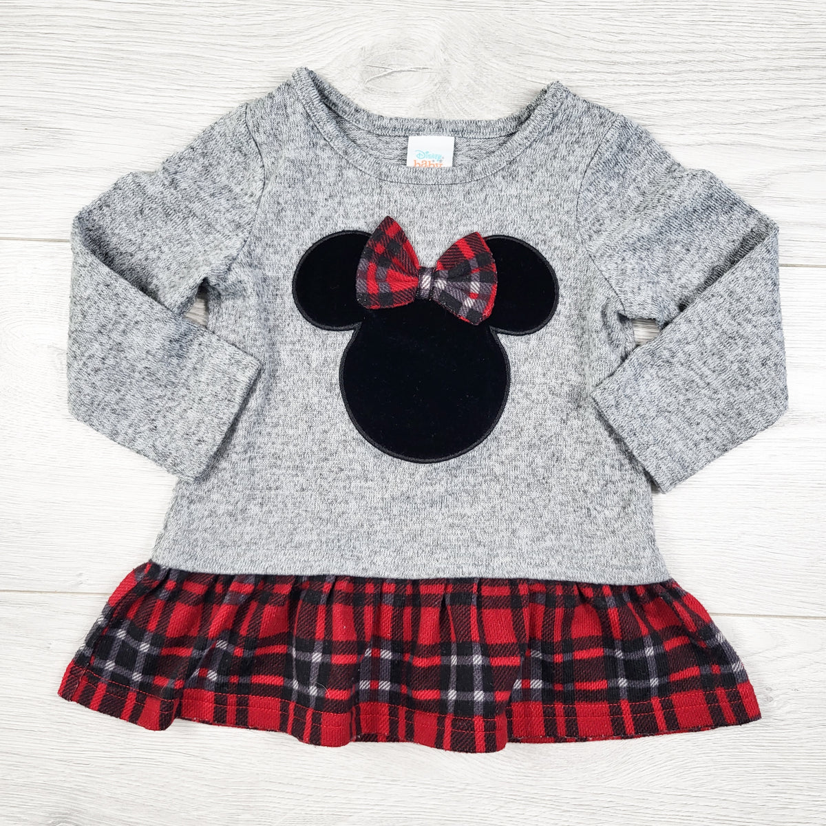 Disney Baby grey knit dress with plaid skirting. Size 6-12 months