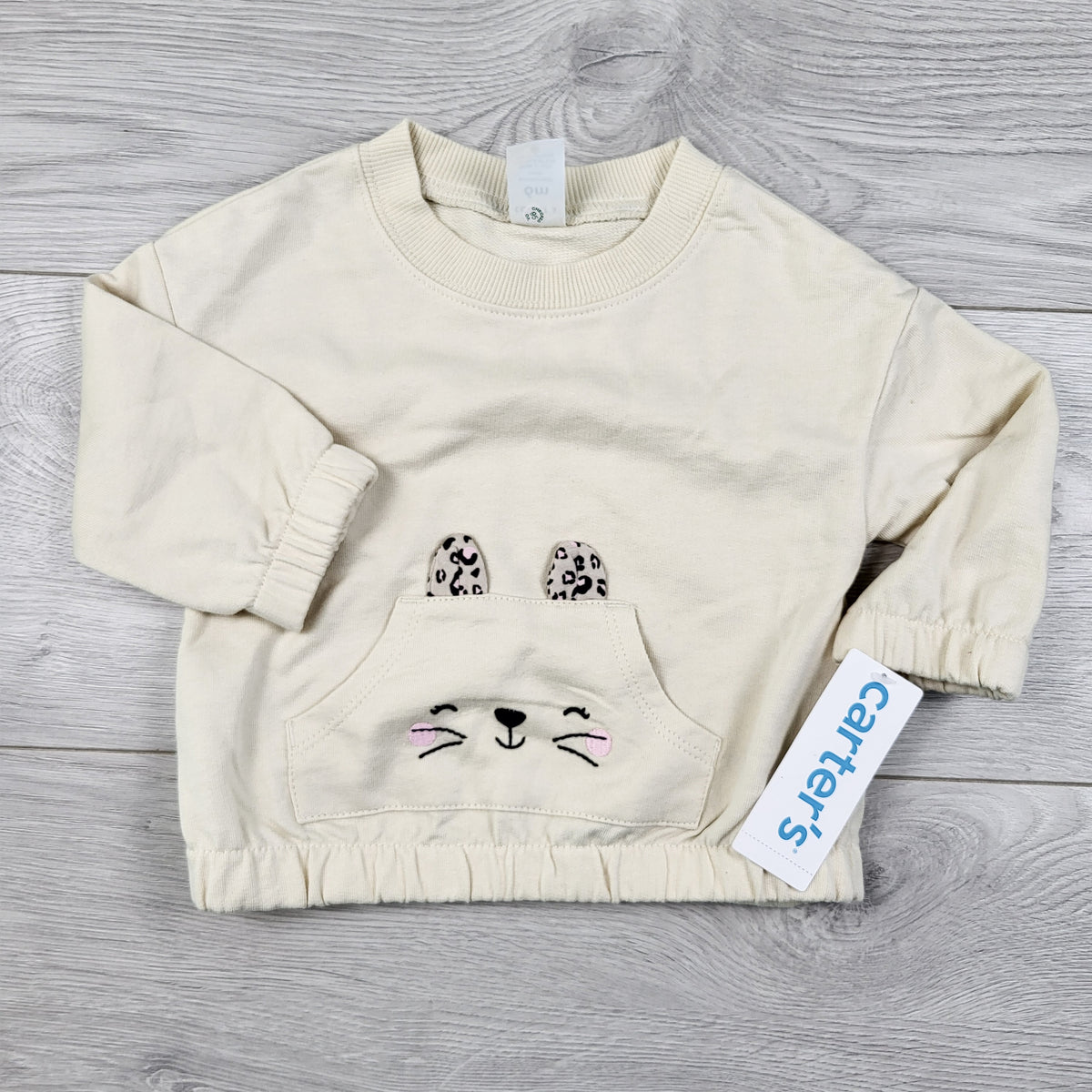 NEW - Carters beige sweatshirt with cat. Size 6 months