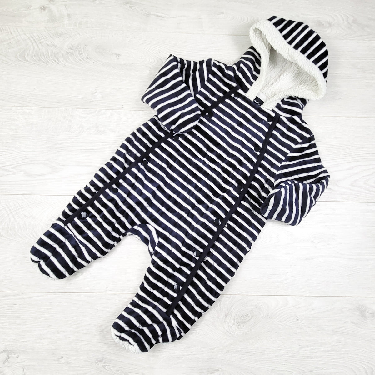 Nautica navy striped plush velour bunting / pram suit. Size 0-3 months