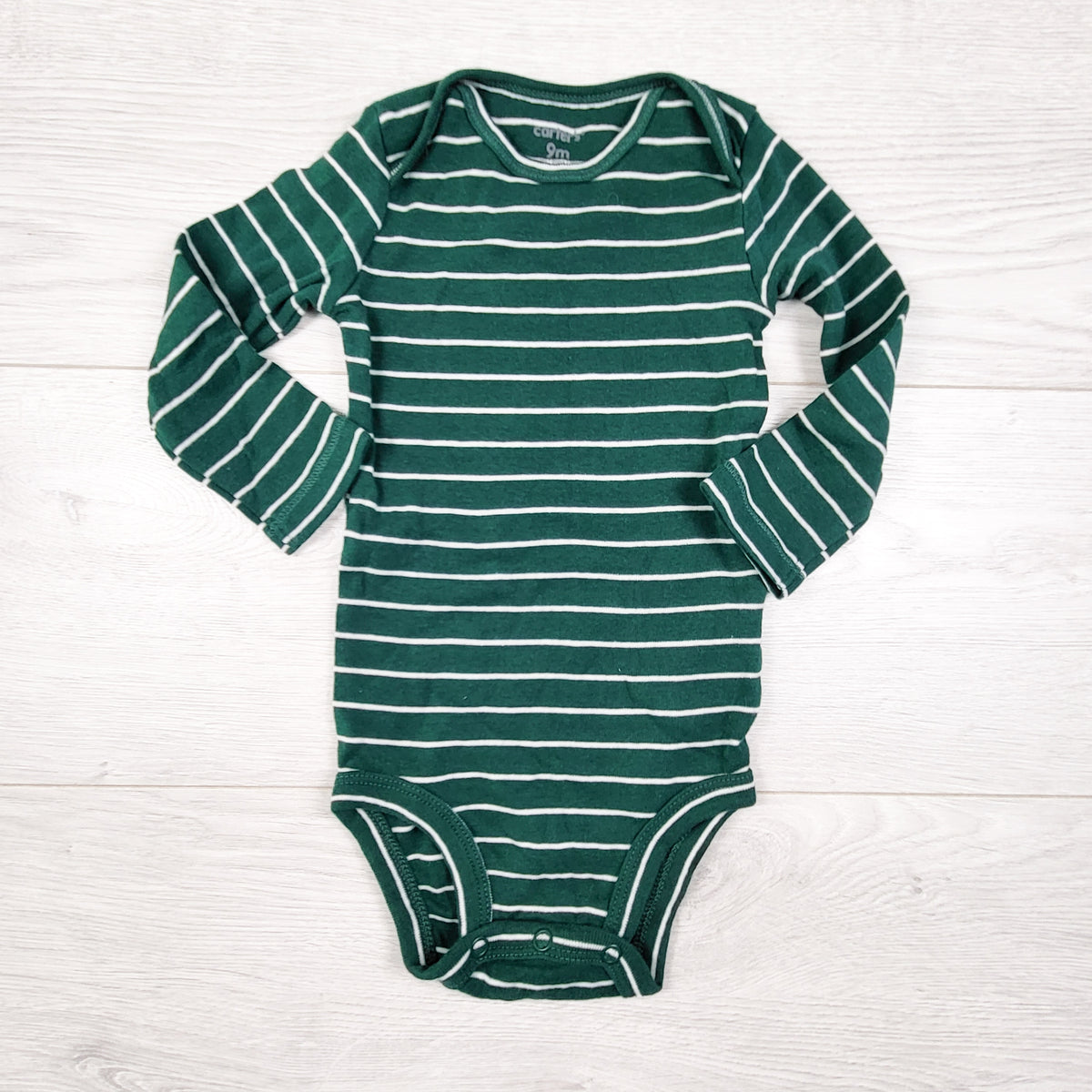 Carters green striped long sleeve bodysuit. Size 9 months