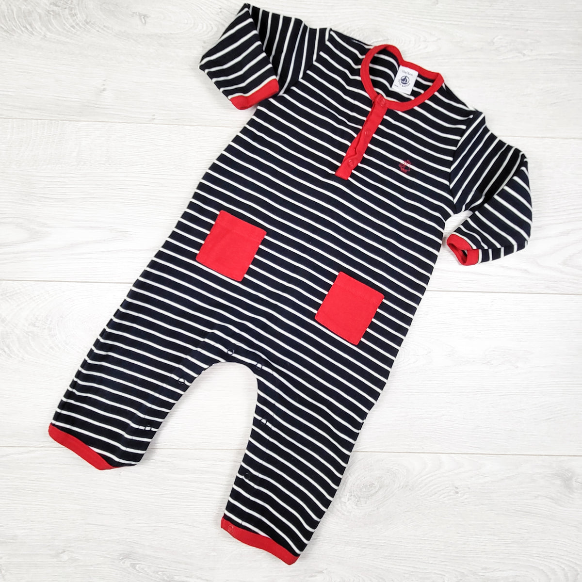 Petit Bateau heavy knit cotton nautical striped romper. Size 12 months