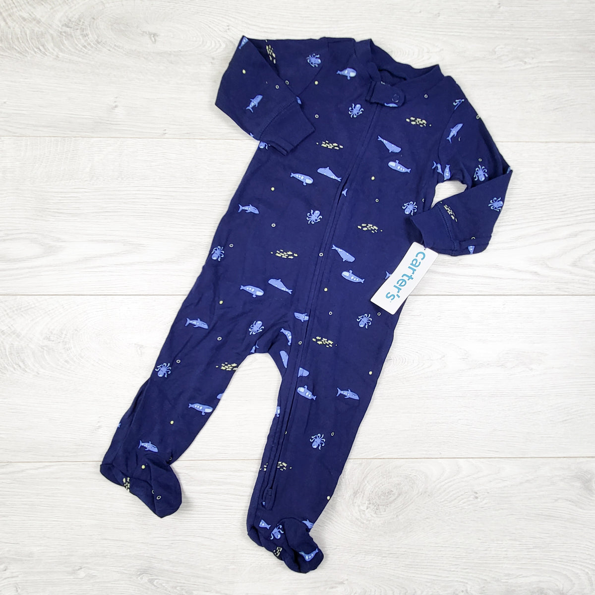 NEW - Carters navy striped sleeper with whales. Size 9 months