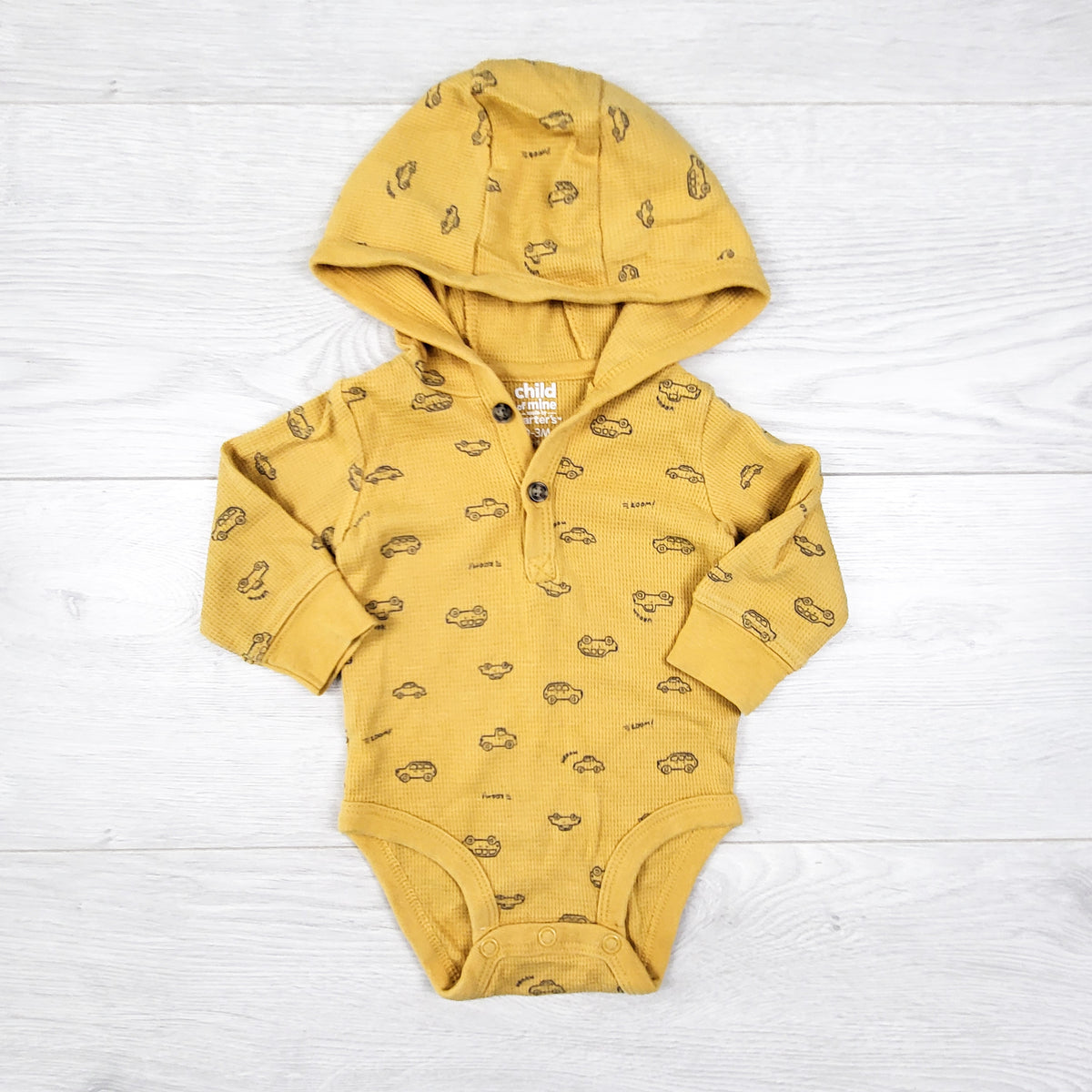 Child of Mine yellow waffle knit hooded bodysuit with cars. Size 0-3 months