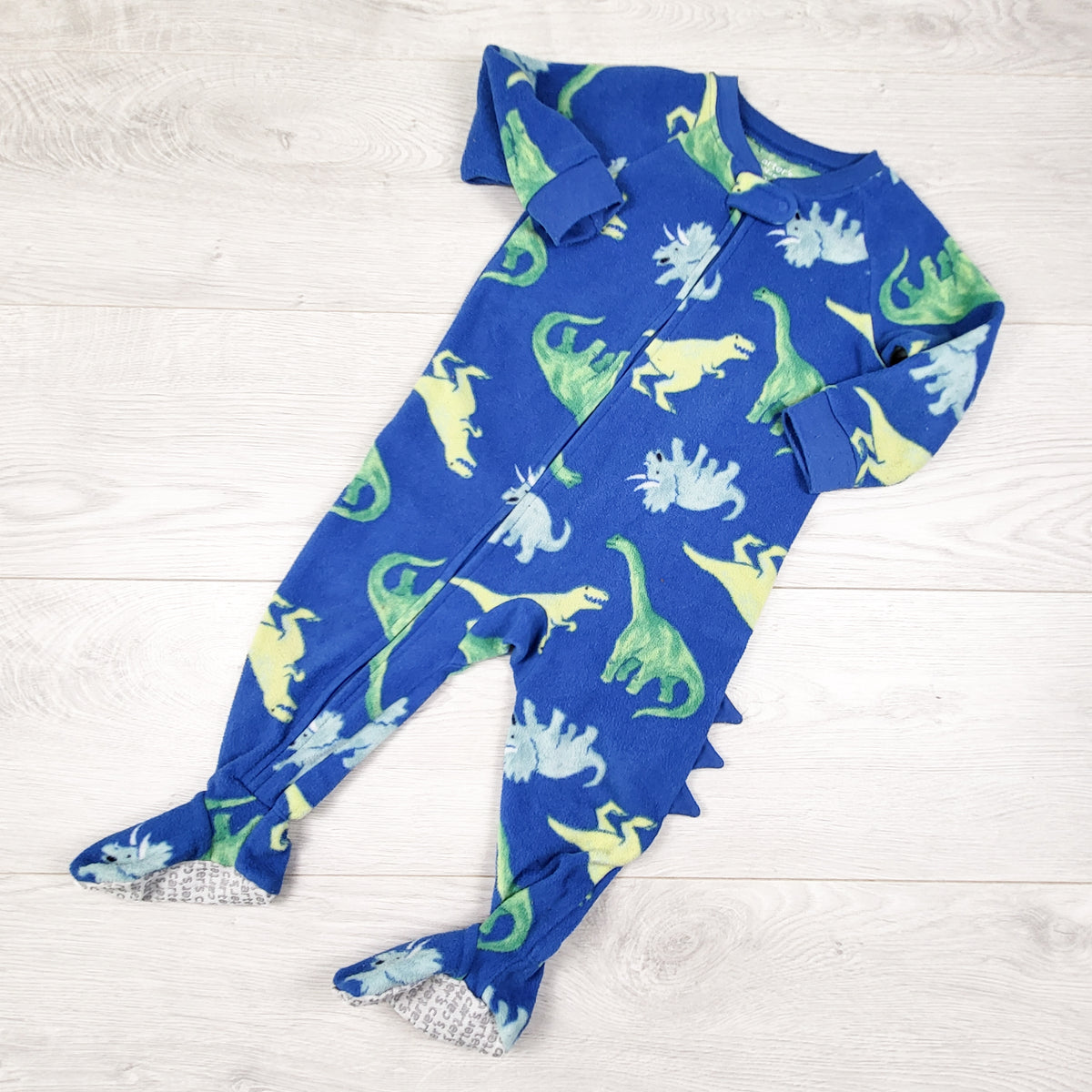 Child of Mine blue zippered fleece sleeper with dinosaurs. Size 12 months