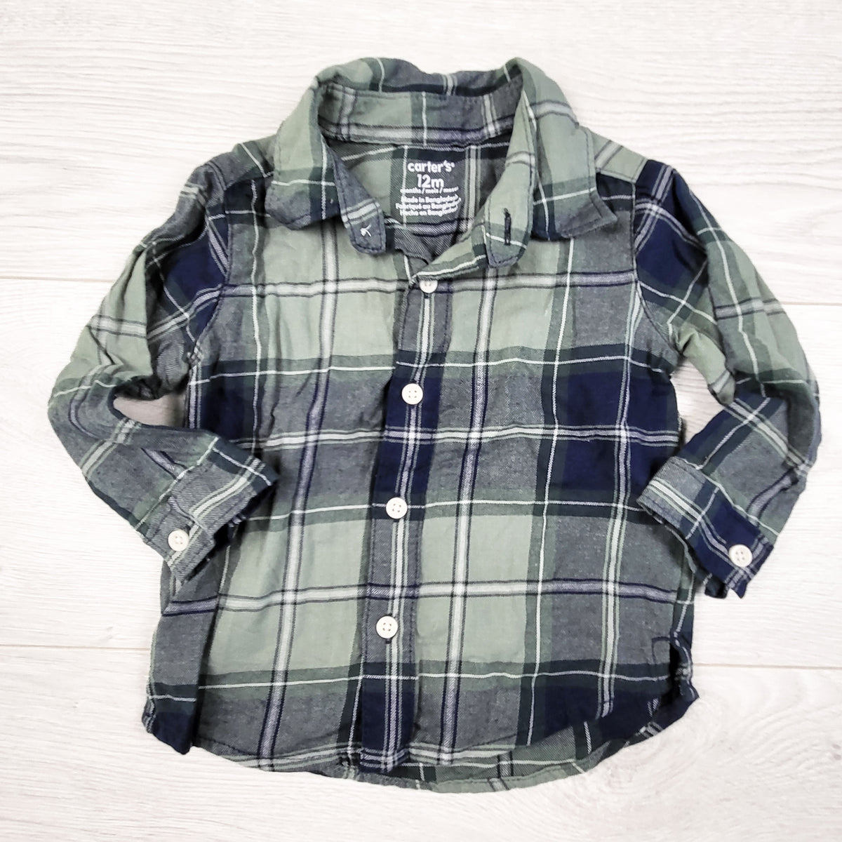 Carters green and navy plaid button down shirt. Size 12 months
